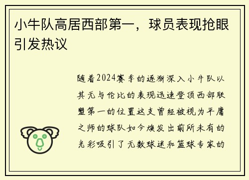 小牛队高居西部第一，球员表现抢眼引发热议